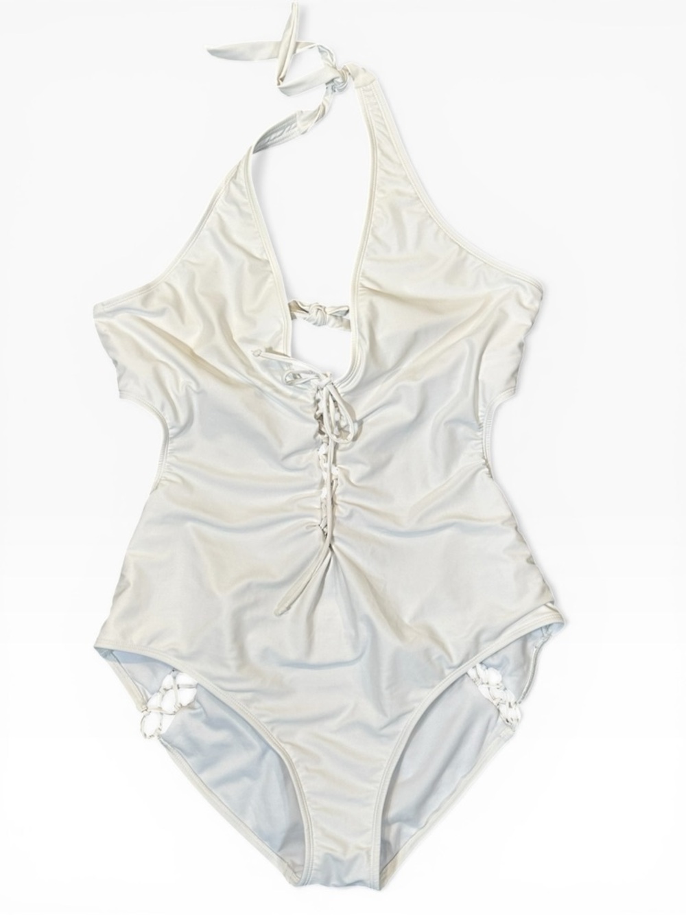 Ashley Graham Swimsuits For All One Piece Plus Sz 24 White Cutout Lace Up Halter